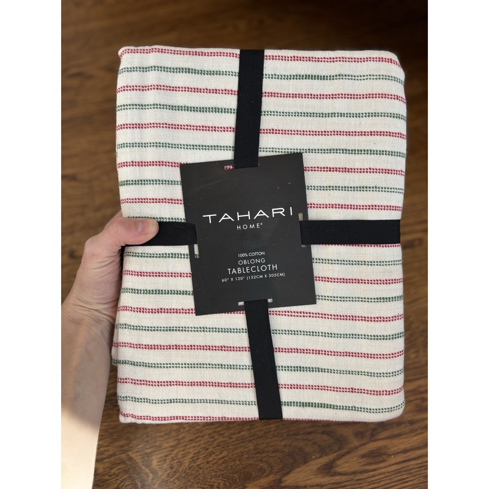Tahari‎ 100% Cotton Oblong Tablecloth NEW beige Green Red Striped 60" X 120"